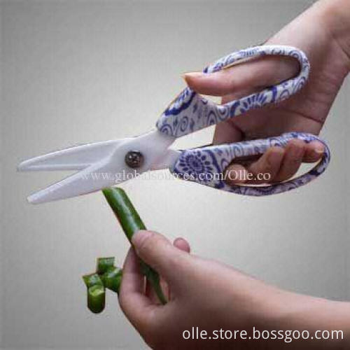 Sanitary Ceramic Blade Kitchen Scissors with Blue and White Porcelain Strips